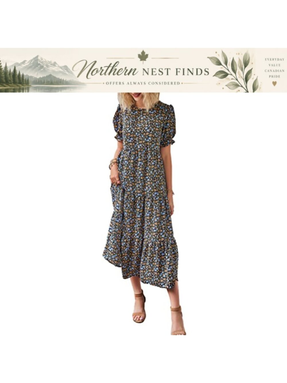 Women's Floral Print Midi Dress Puff Sleeve High Waist A-Line Boho Summer